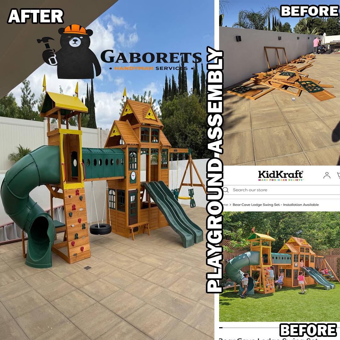 Playground assembly before and after in Palatine, Illinois